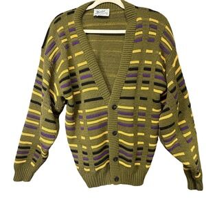 Vintage Martini Cardigan Sweater Mens Medium Green Geometric Stripe USA 80s‎